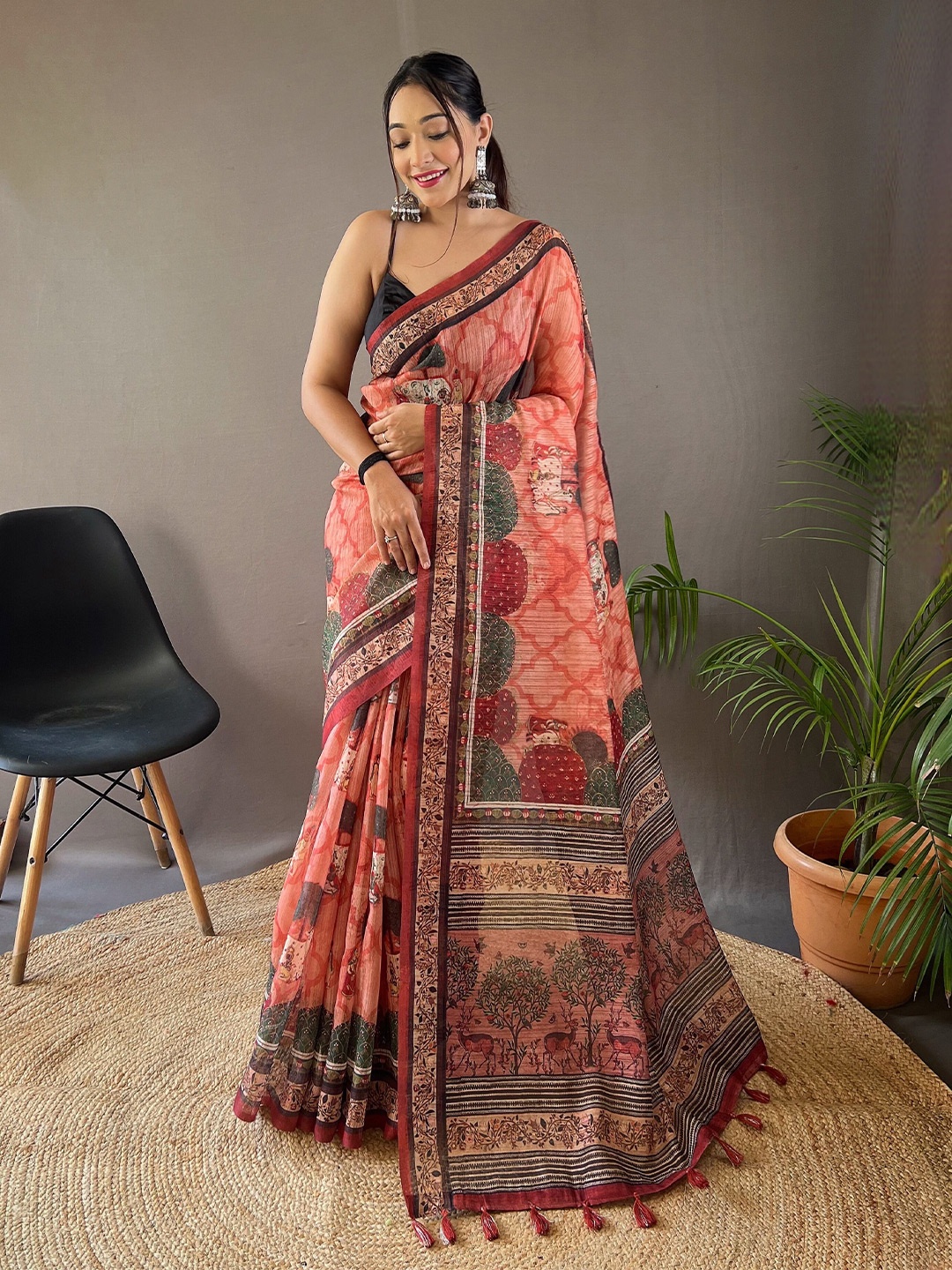 

Munir Kalamkari Printed Silk Cotton Tussar Saree, Peach
