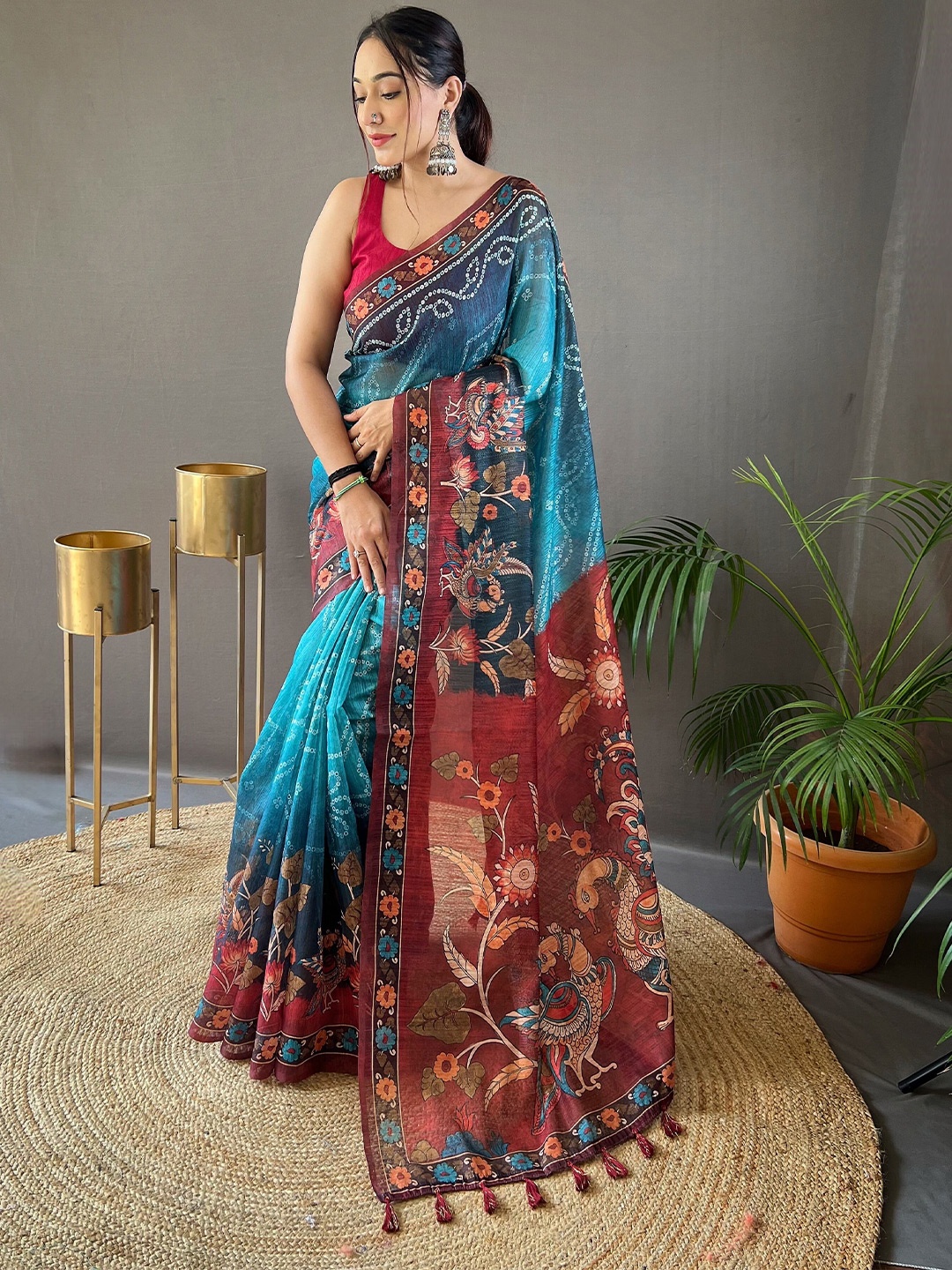 

Munir Kalamkari Printed Silk Cotton Tussar Saree, Blue