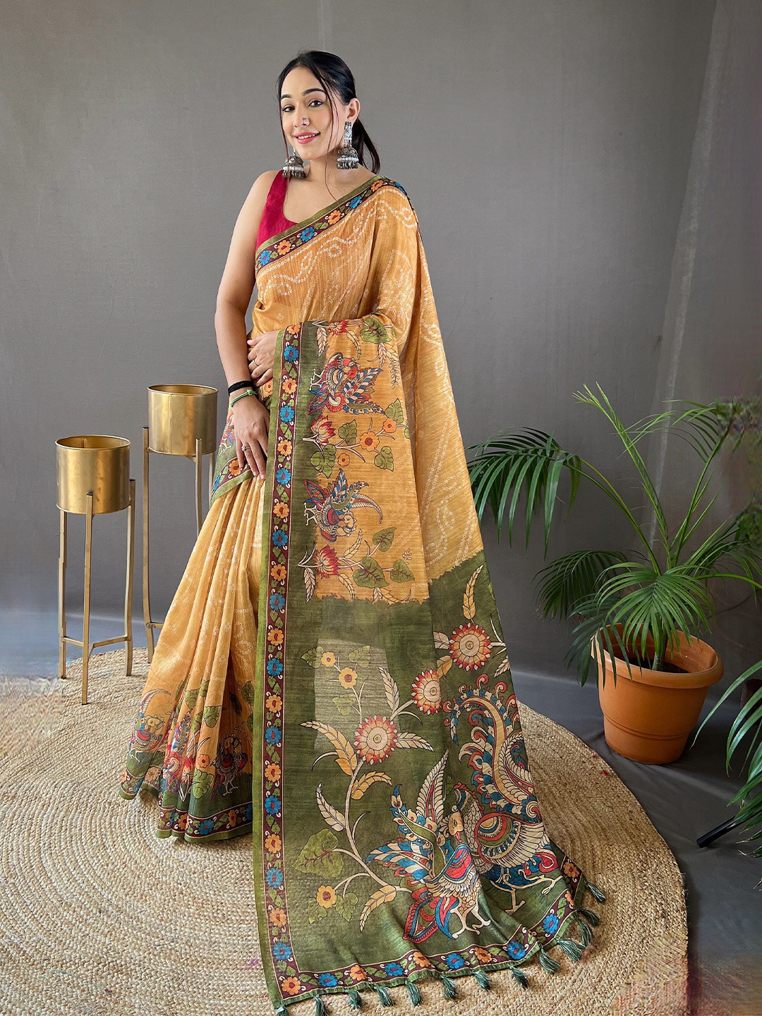 

Munir Kalamkari Printed Silk Cotton Tussar Saree, Yellow