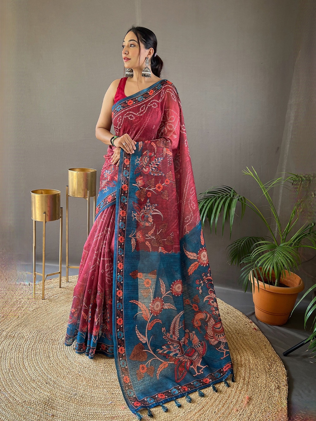 

Munir Kalamkari Printed Silk Cotton Tussar Saree, Maroon