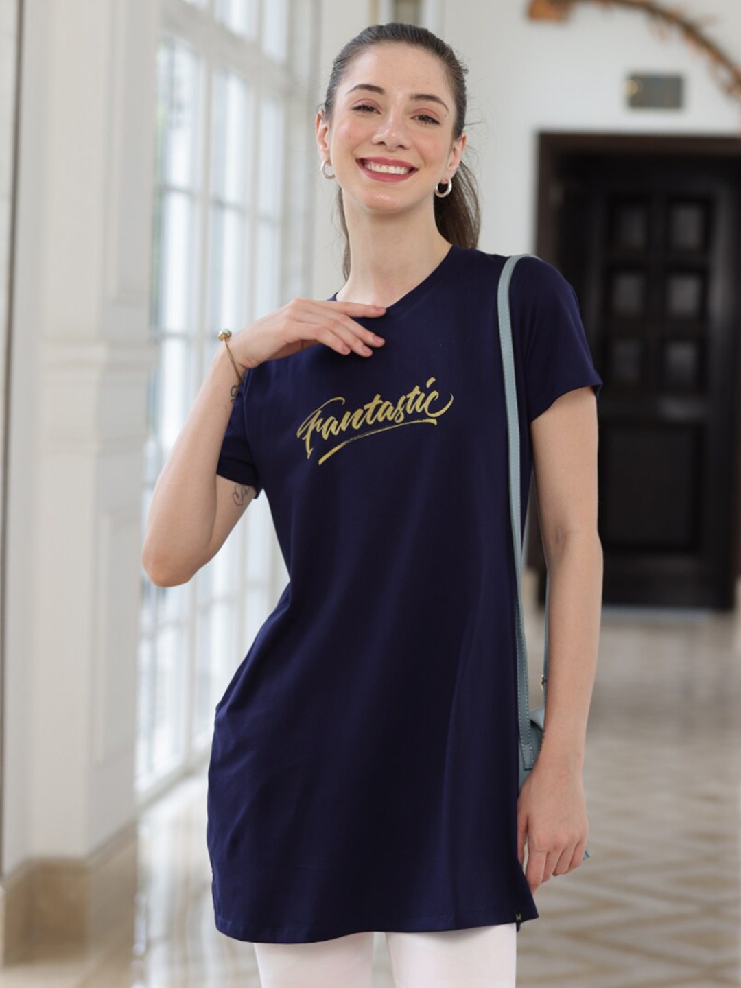 

TITTLI Typography Printed Pure Cotton Lounge T-shirt, Navy blue