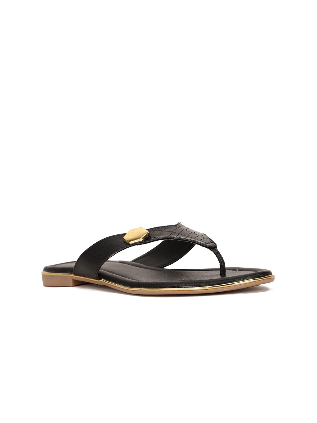 

Bata Textured Open Toe T-Strap Flats, Black