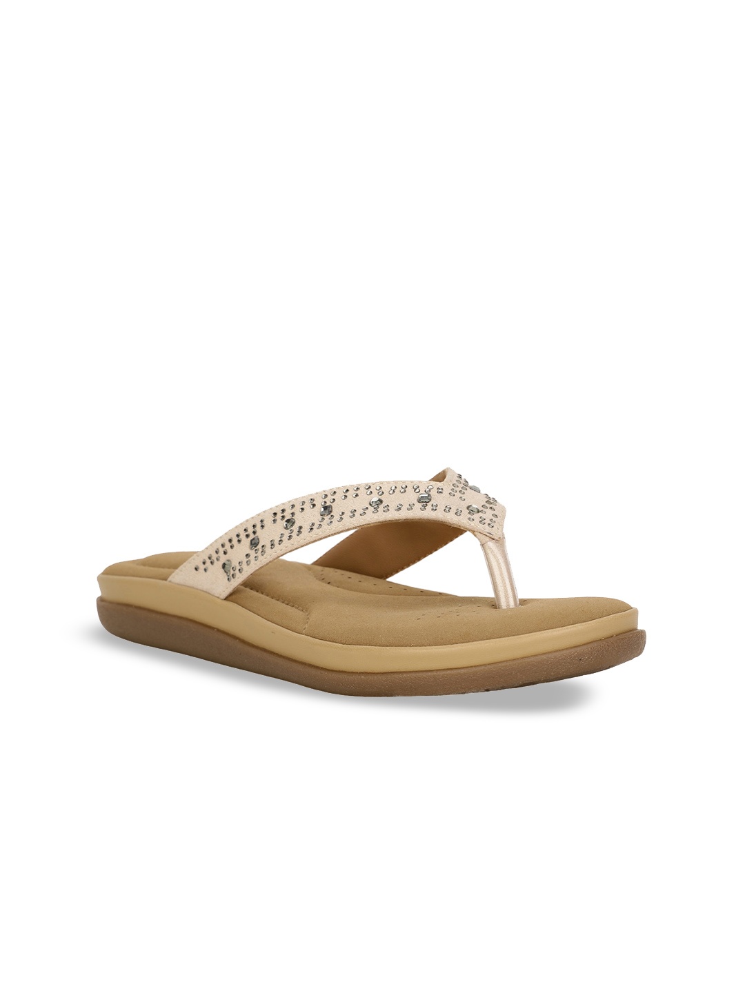 

Bata comfit Embellished Open Toe T-Strap Flats, Beige