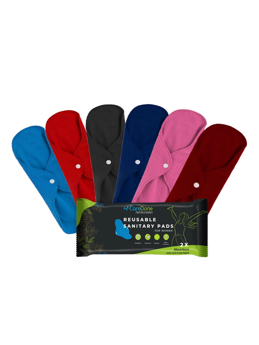 

CareDone Set Of 6 Reusable Very Absorbent Cloth Sanitary Pads, Blue