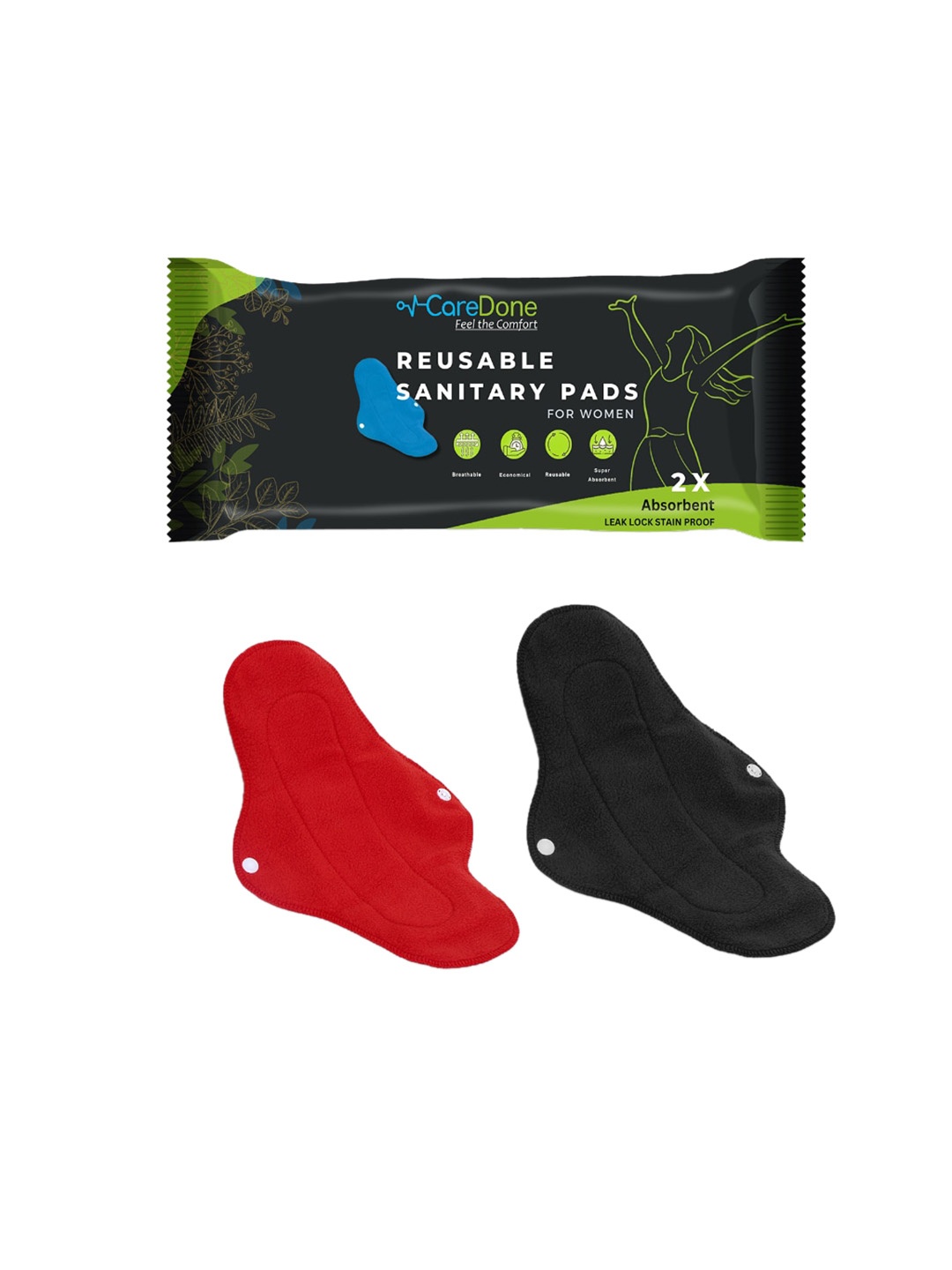 

CareDone Set Of 2 Reusable Very Absorbent Cloth Sanitary Pads, Black
