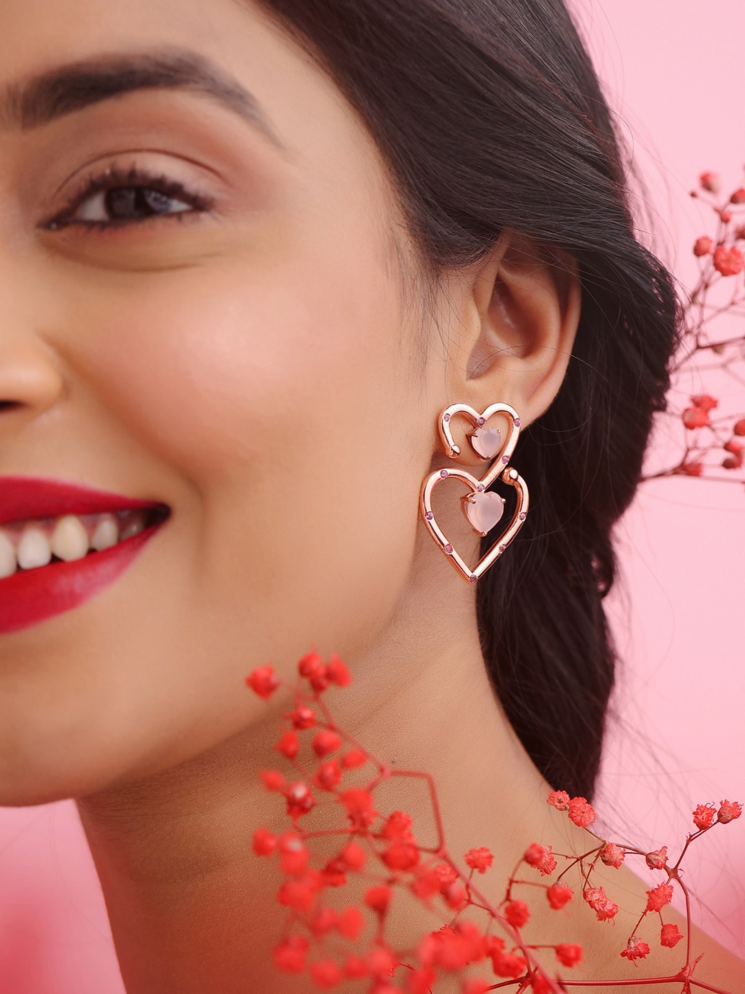 

Kicky And Perky 925 Sterling Silver Pink Calcedony Rhodolite Stone Studded Earring, Rose gold