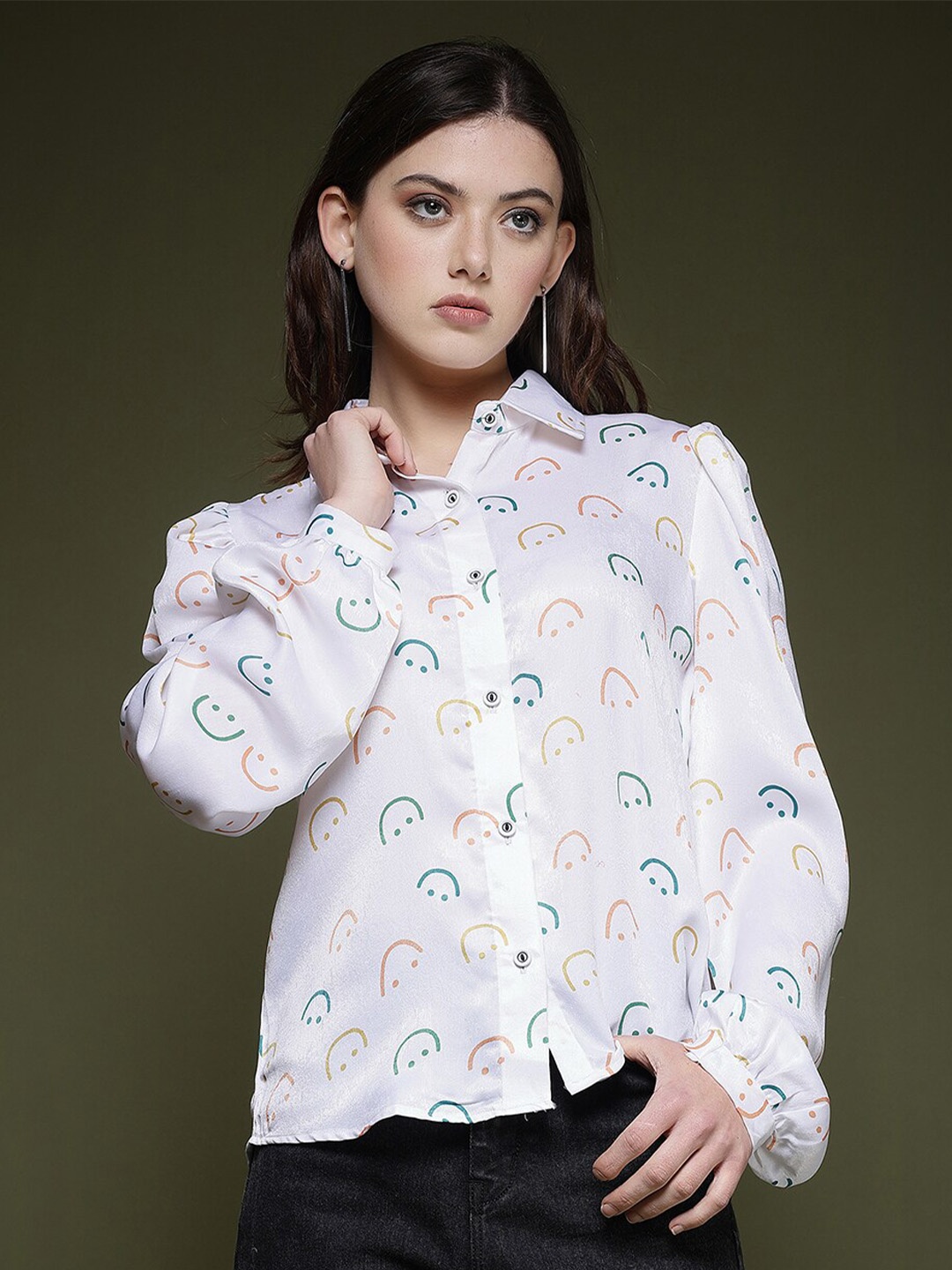 

Selvia Conversational Printed Shirt Collar Puff Sleeves Satin Shirt, White