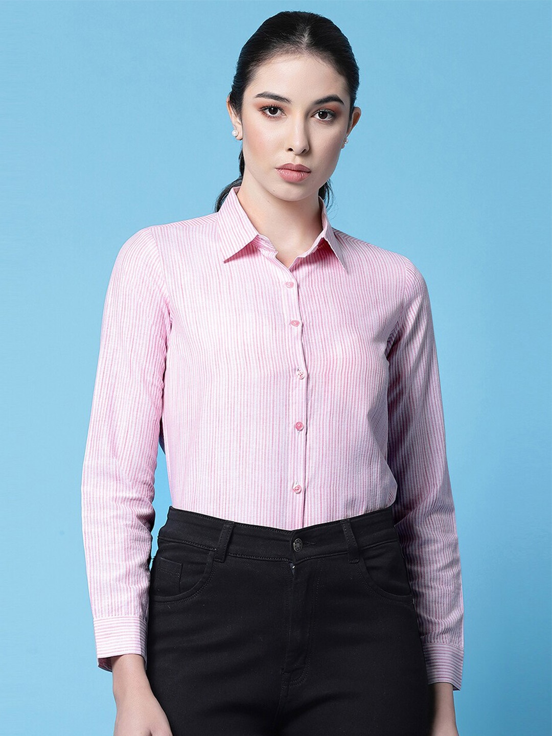 

Selvia Vertical Striped Spread Collar Cotton Casual Shirt, Pink