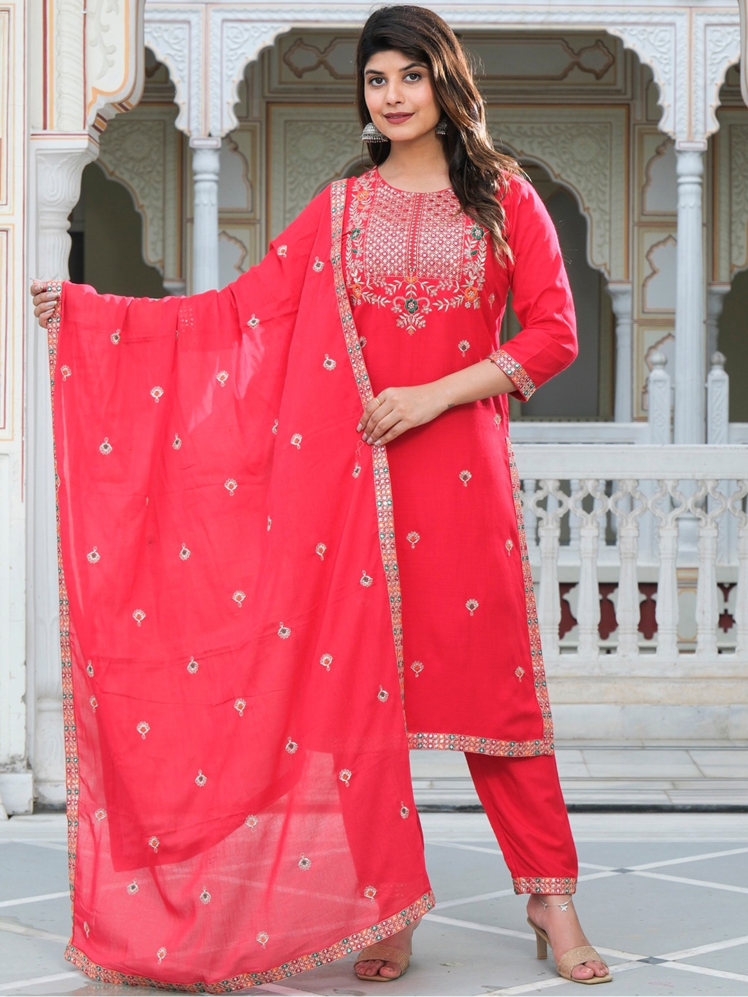 

IkDaiya Floral Embroidered Mirror Work Straight Kurta With Trousers & Dupatta, Red