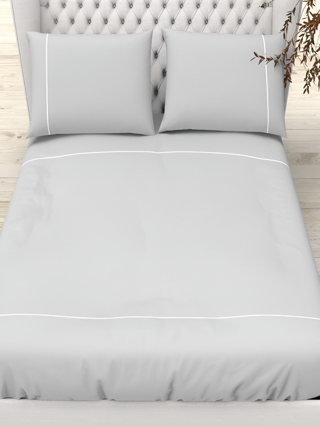 

THE WHITE MOSS Silver-Toned & White Cotton 300 TC King Bedsheet Set
