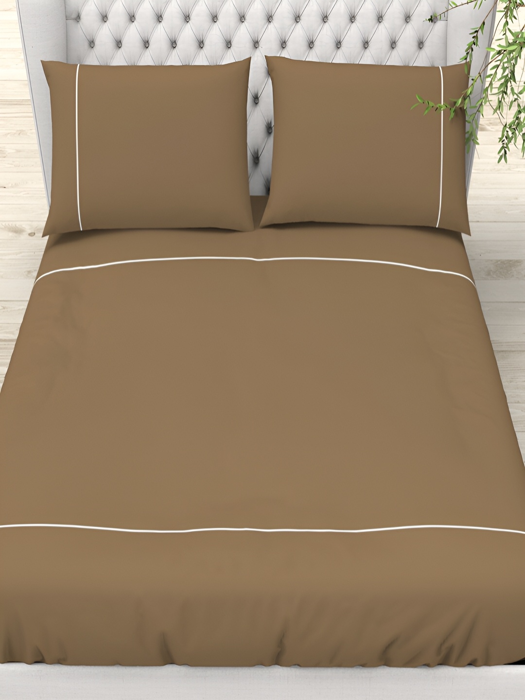 

THE WHITE MOSS Bronze-Toned & White Striped Cotton 300 TC King Bedsheet Set