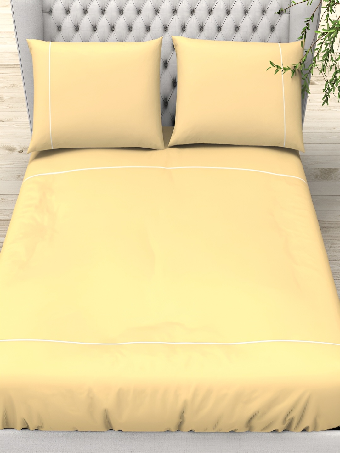 

THE WHITE MOSS Yellow & White Striped Cotton 300 TC King Bedsheet Set