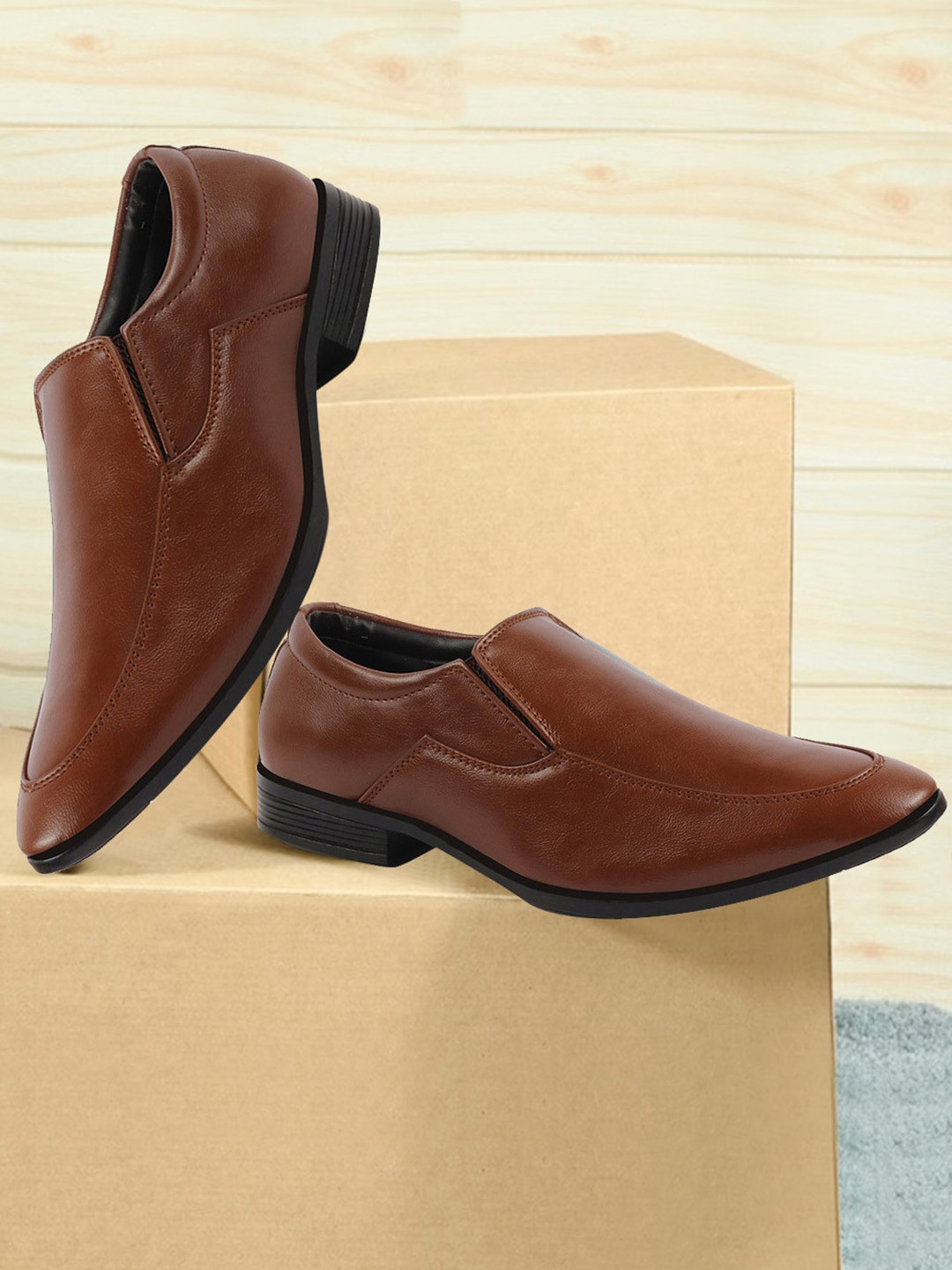 

FAUSTO Men Round Toe Formal Slip-On Shoes, Tan
