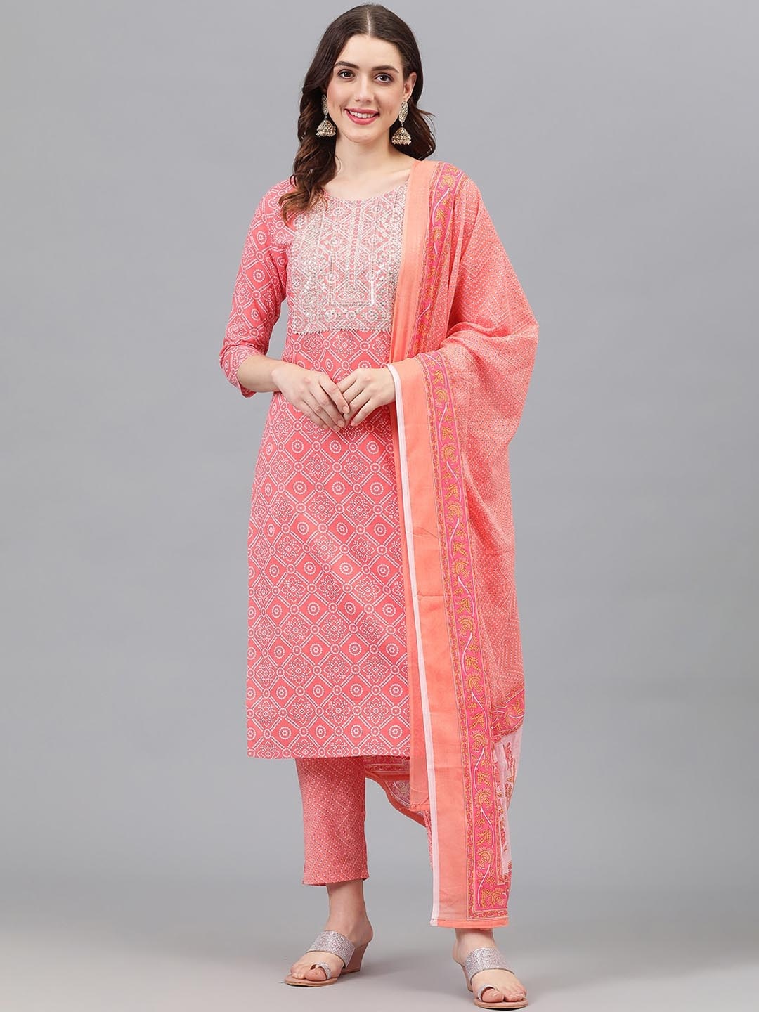 

KASHEEDA Bandhani Printed Thread Work Pure Cotton Kurta with Trousers & With Dupatta, Peach