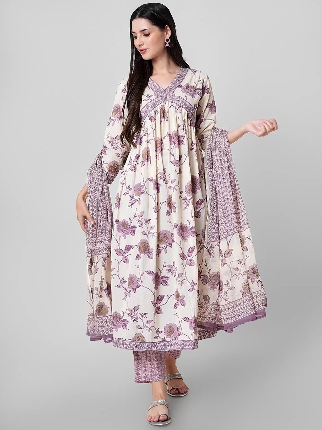 

Royal Export Floral Printed Pure Cotton A-Line Empire Kurta With Trousers & Dupatta, Lavender