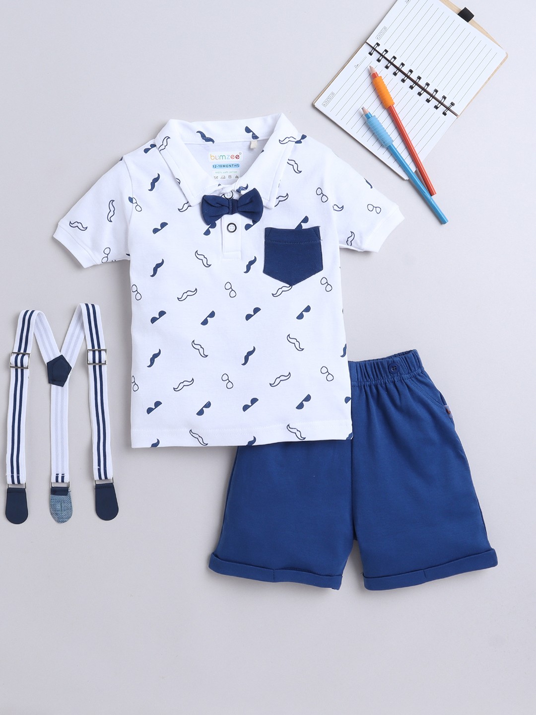 

BUMZEE Infant Boys Printed Pure Cotton T-shirt with Shorts With Bow & Suspender, White