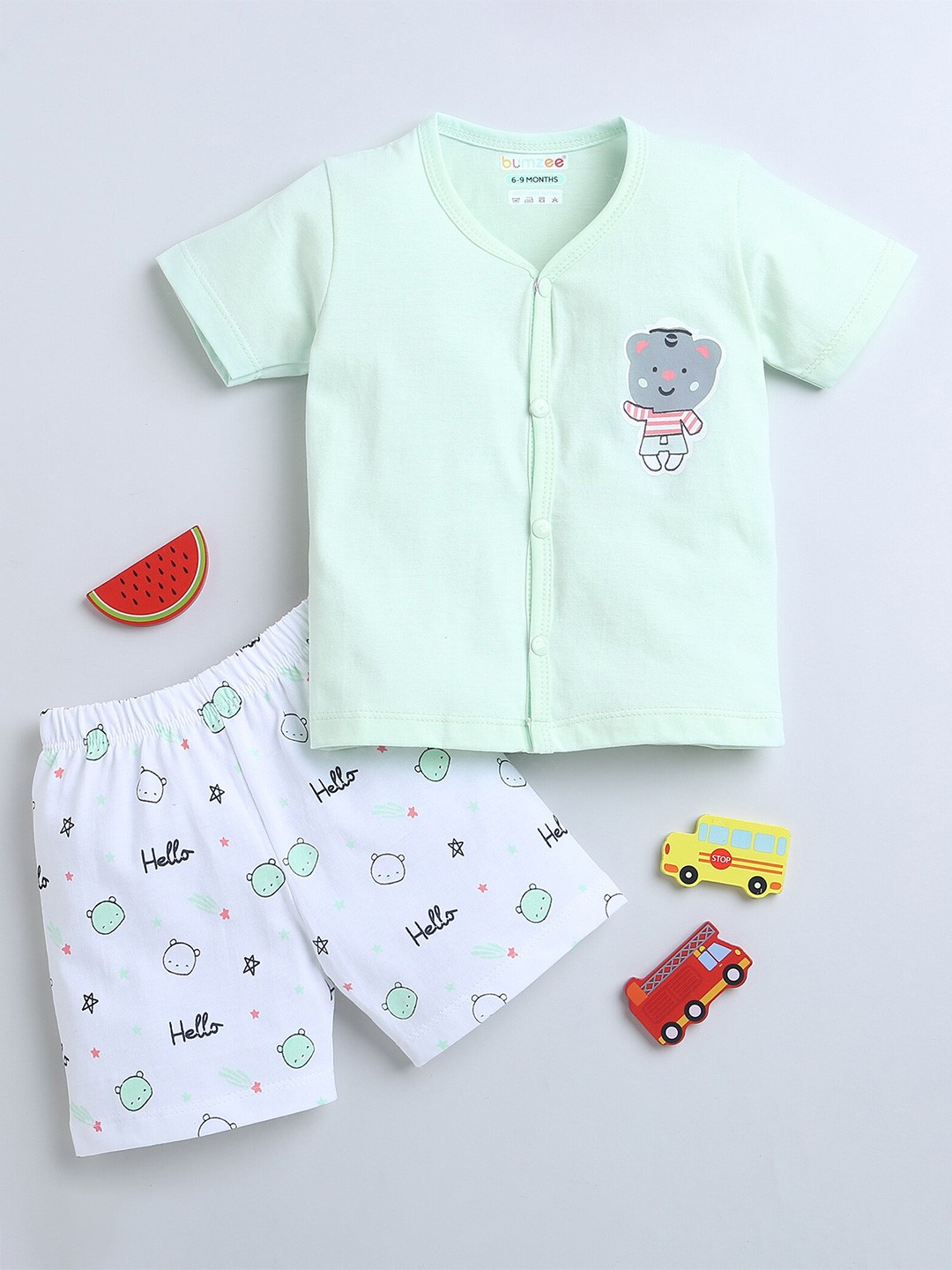 

BUMZEE Infants Boys Printed Pure Cotton T-shirt with Shorts, Green