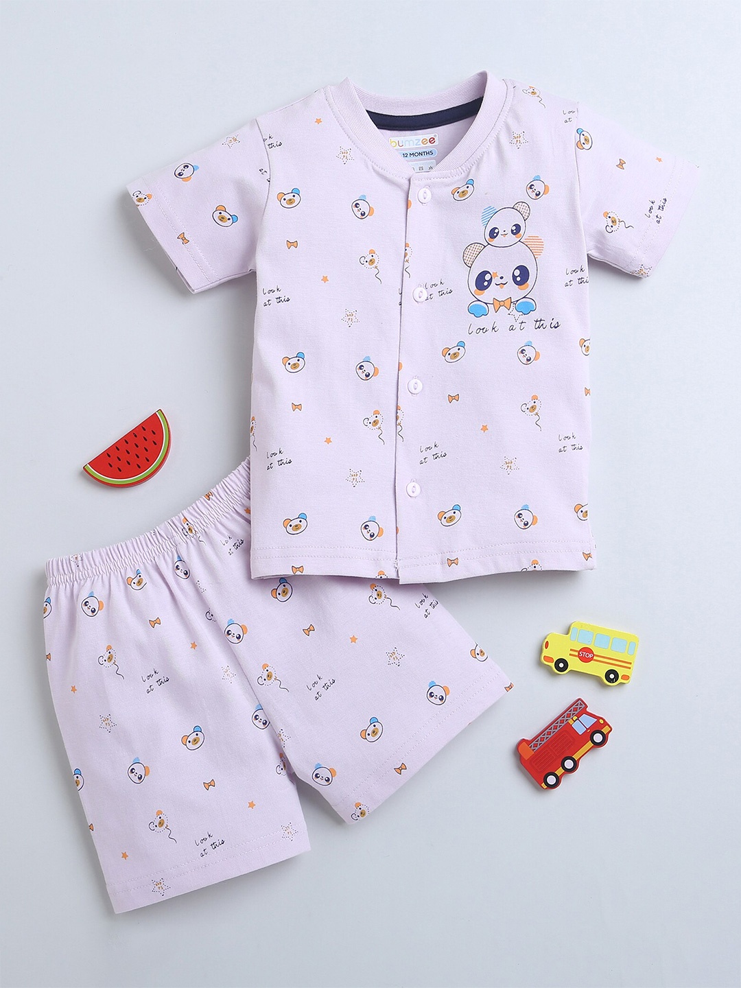 

BUMZEE Infant Girls Conversational Printed Pure Cotton T-shirt with Shorts, Lavender