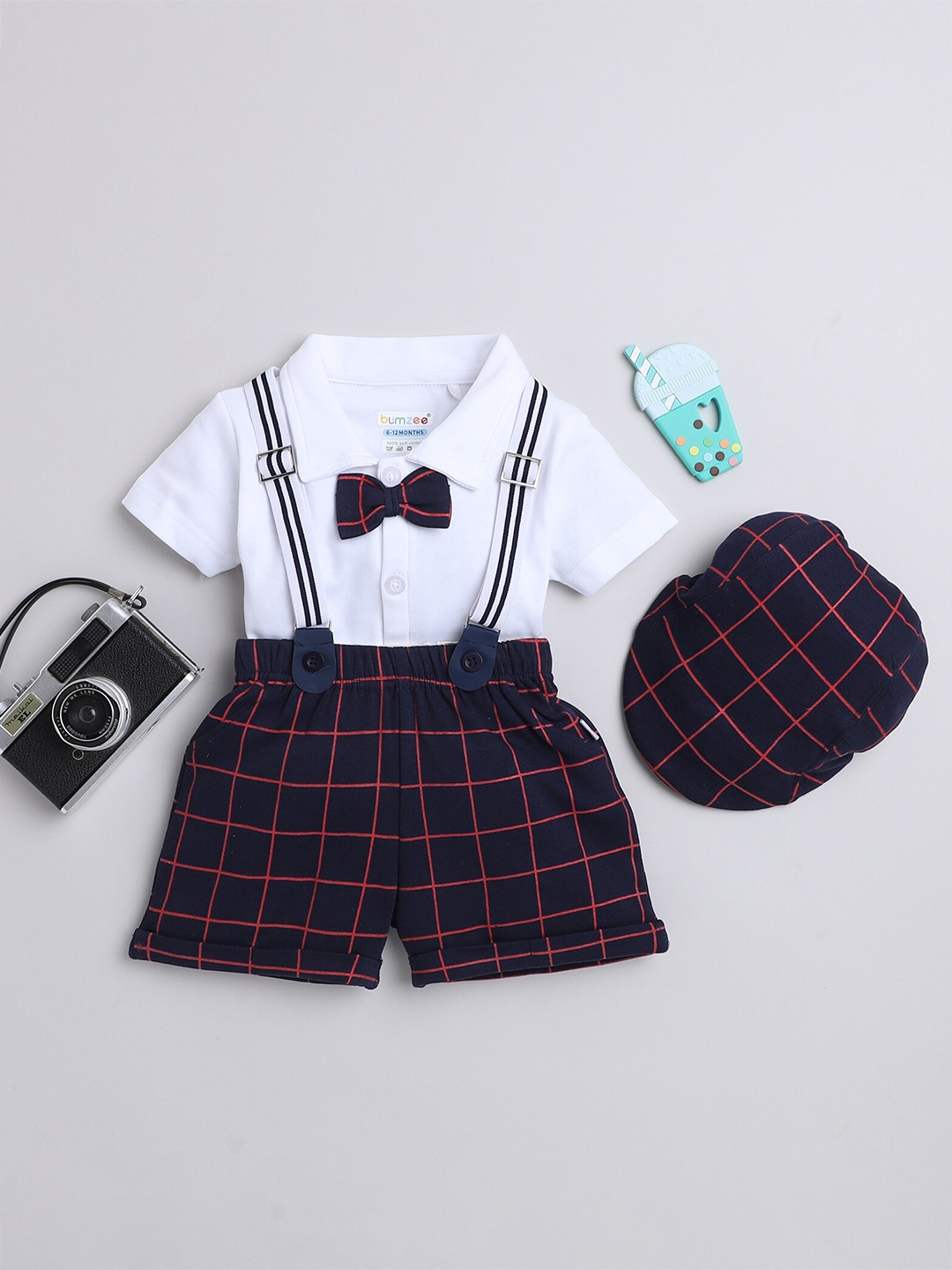 

BUMZEE Boys Checked Pure Cotton Shirt & Shorts With Bow Suspender & Cap, White