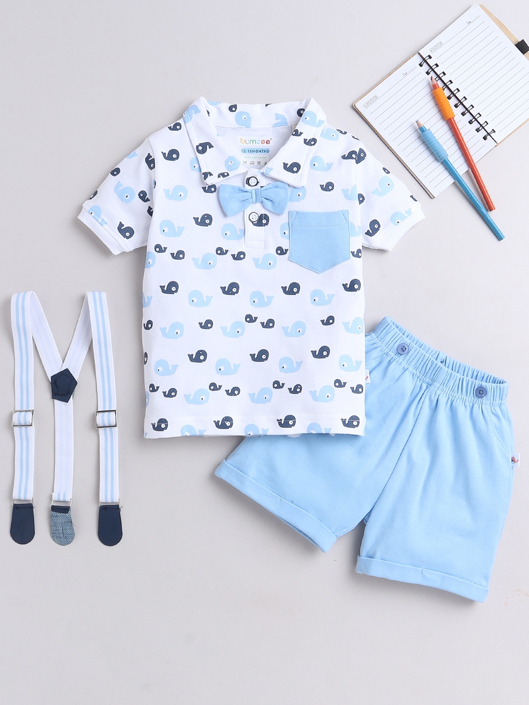 

BUMZEE Boys Printed Pure Cotton T-shirt with Shorts With Bow Suspender, Blue