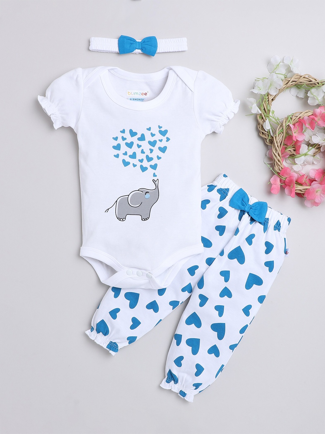 

BUMZEE Infant Girls Printed Pure Cotton Leotard & Jogger WIth Hairband, White