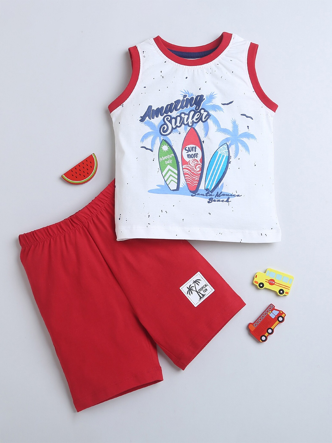 

BUMZEE Boys Printed Pure Cotton T-shirt with Shorts, Red