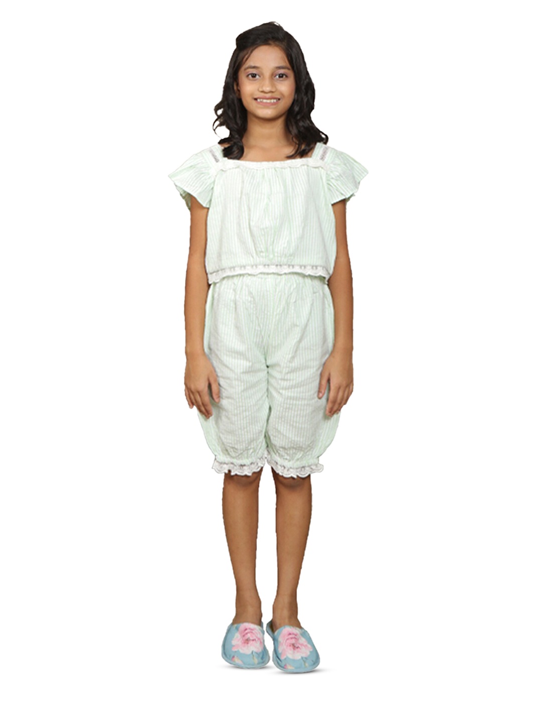 

BAESD Girls Striped Square Neck Pure Cotton Night suit, Off white