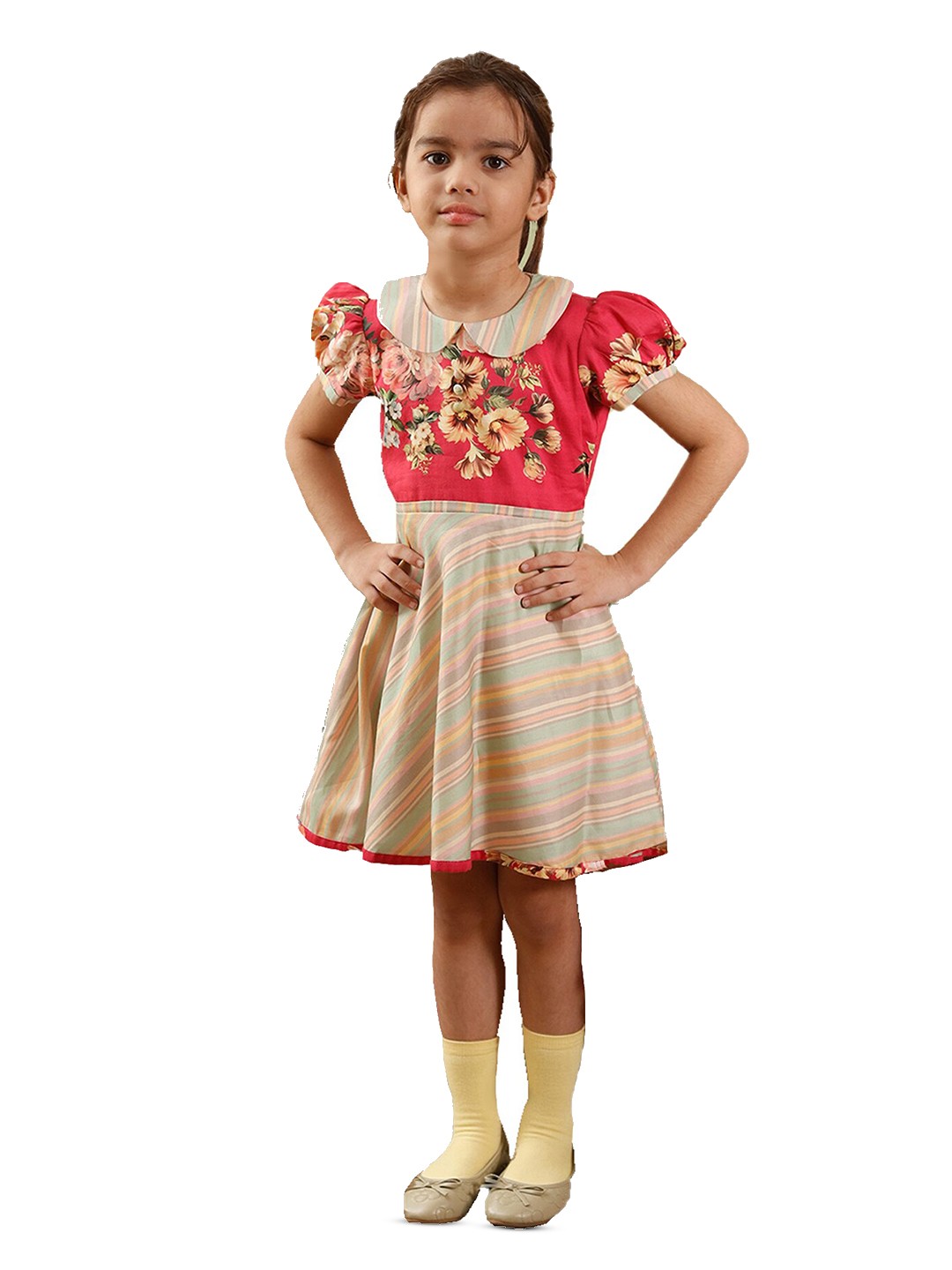 

BAESD Girls Floral Printed Peter Pan Collar Puff Sleeve Cotton Fit & Flare Dress, Pink