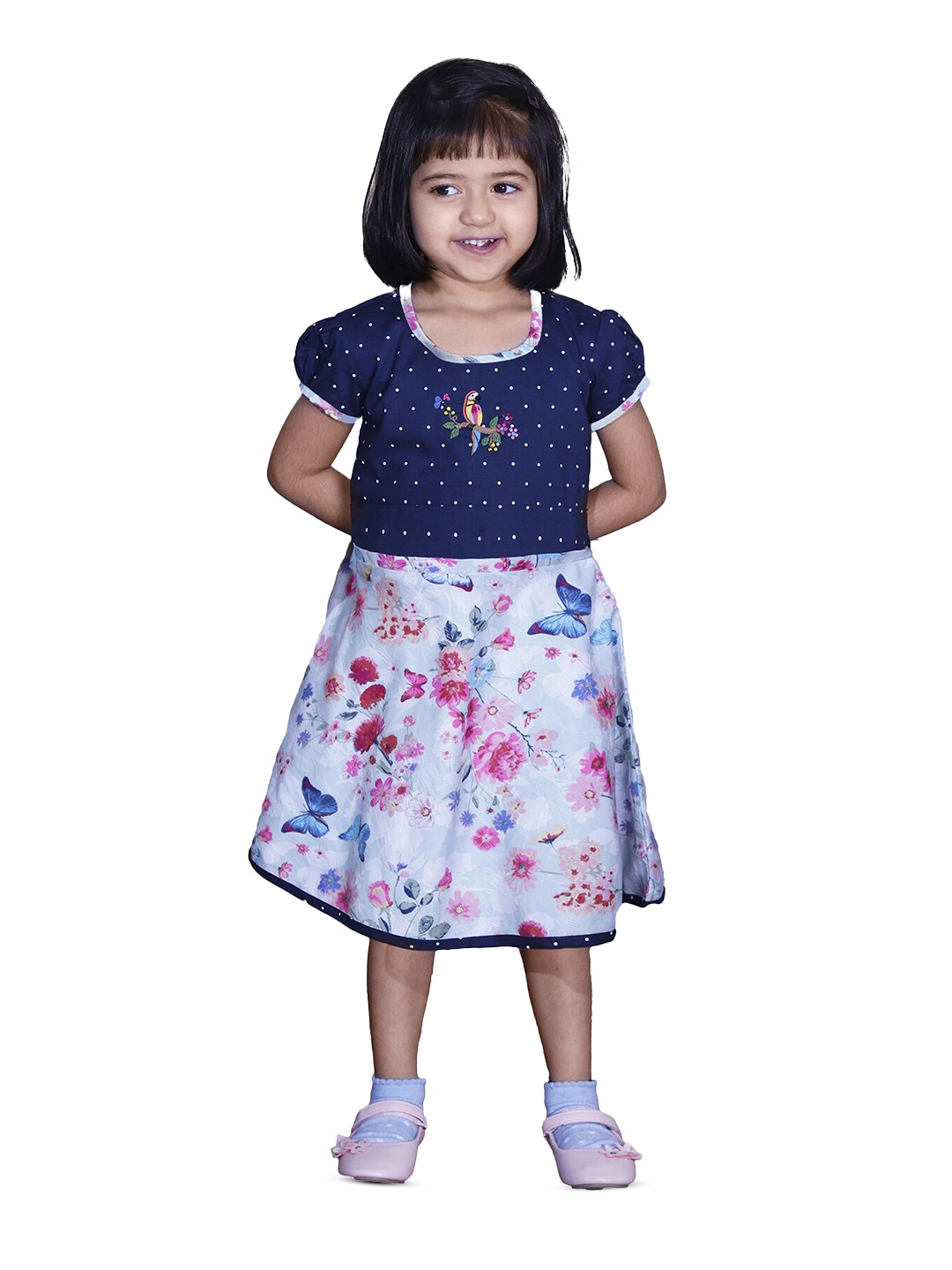 

BAESD Girls Floral Printed Puff Sleeves Cotton A-Line Dress, Navy blue