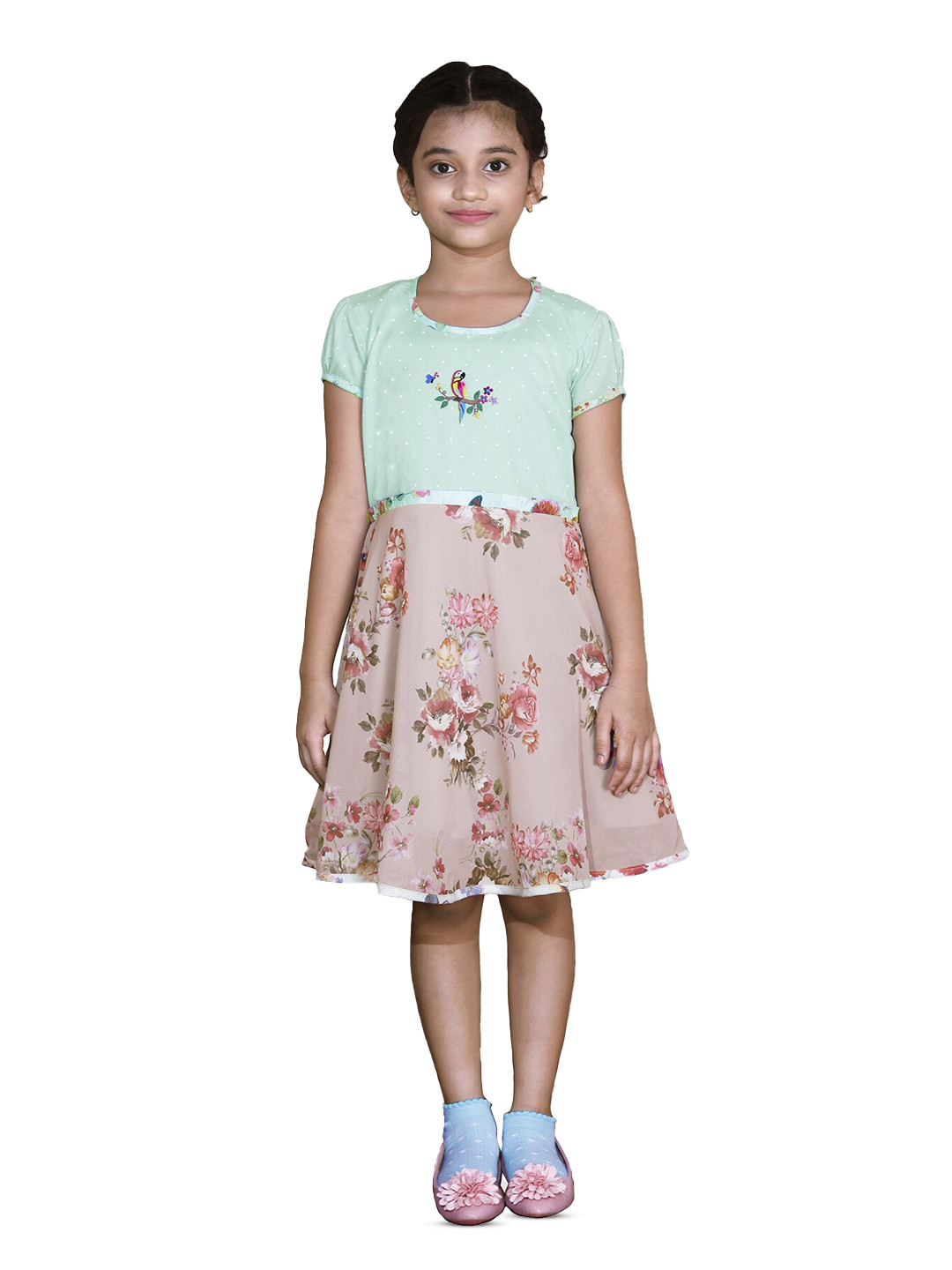 

BAESD Girls Floral Printed Puff Sleeve Cotton Fit & Flare Dress, Pink