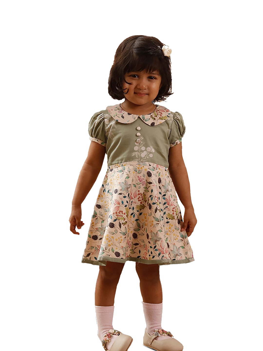 

BAESD Girls Floral Printed Peter Pan Collar Cotton Fit & Flare Dress, White