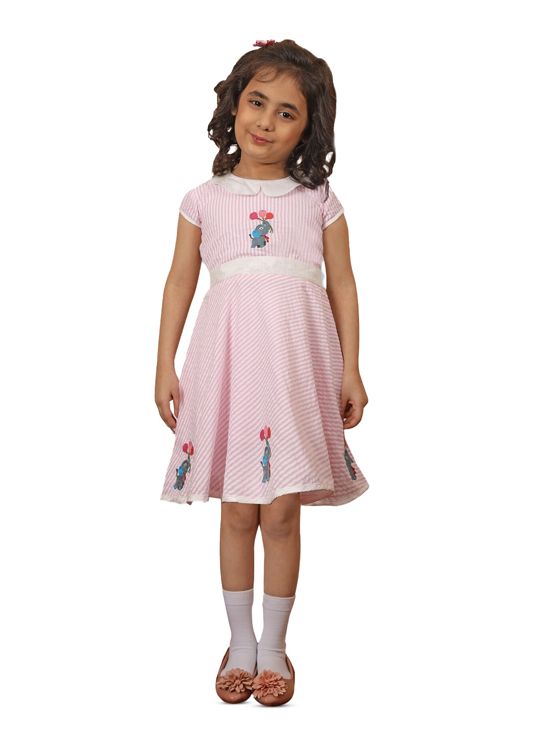 

BAESD Girls Striped Cotton Round Neck Fit & Flare Dress With Belt, White