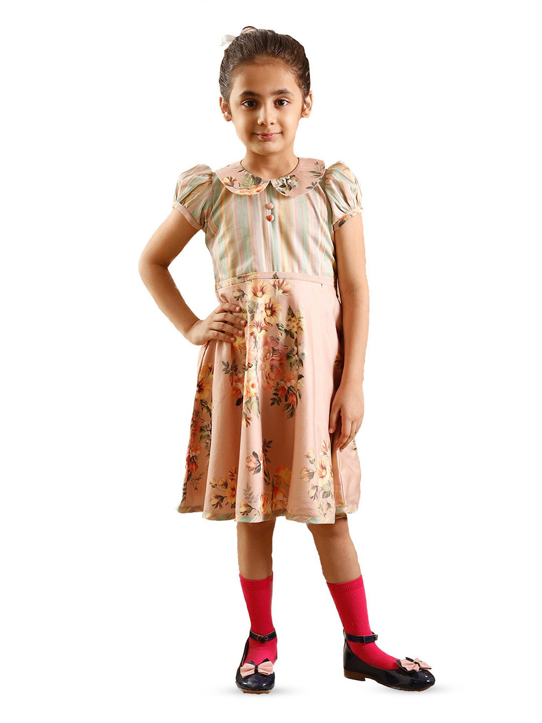 

BAESD Girls Floral Printed Peter Pan Collar Puff Sleeve Cotton Fit & Flare Dress, Brown