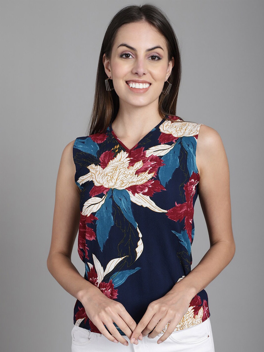 

Dressitude Floral Printed Sleeveless Crepe Top, Navy blue