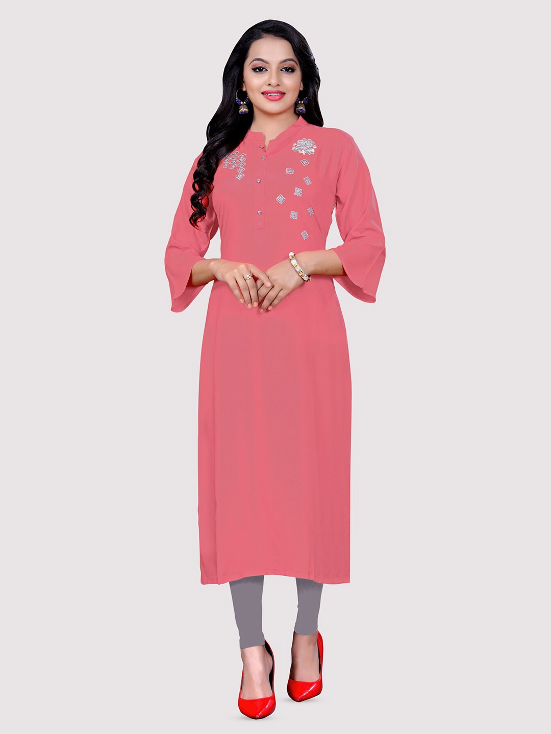 

Archittam Ethnic Motifs Yoke Design Mandarin Collar Thread Work Detailed Straight Kurta, Pink