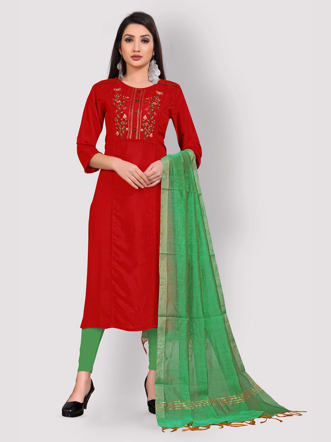 

Archittam Floral Yoke Design Shoulder Tabs Thread Work Silk Straight Kurta, Red