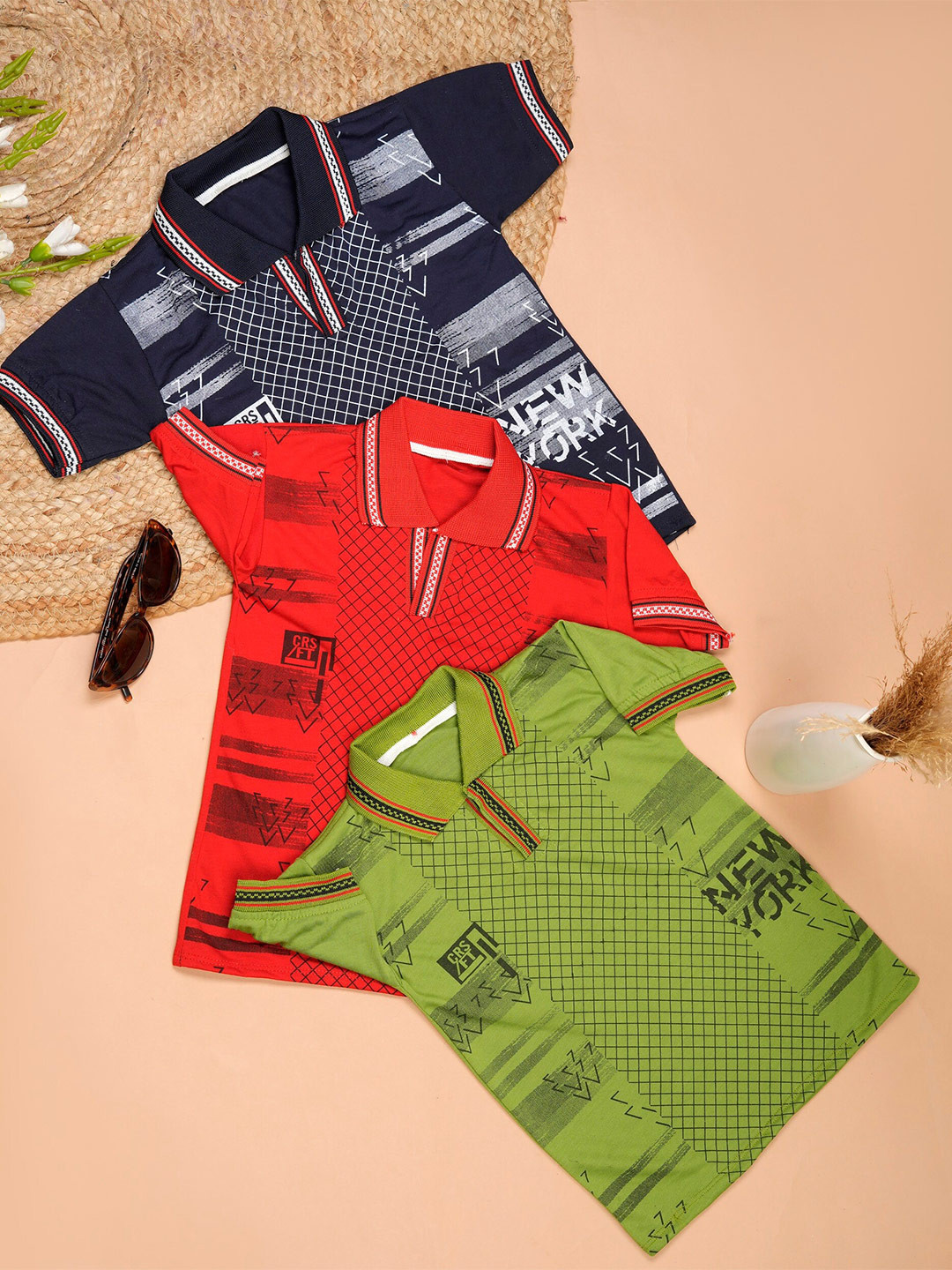 

BAESD Boys Pack Of 3 Printed Polo Collar Cotton T-shirts, Blue