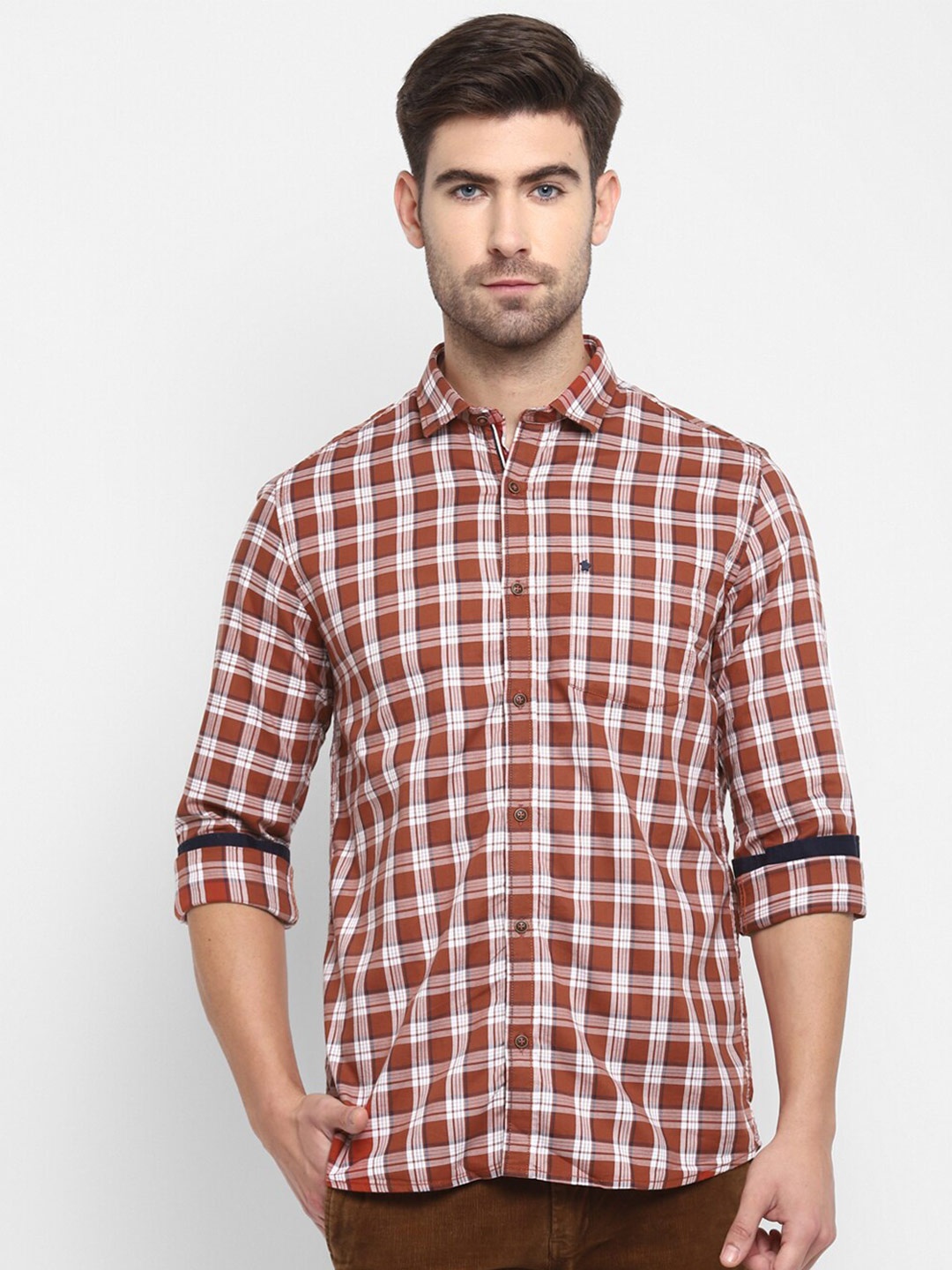 

Turtle Relaxed Slim Fit Tartan Checked Cotton Casual Shirt, Brown