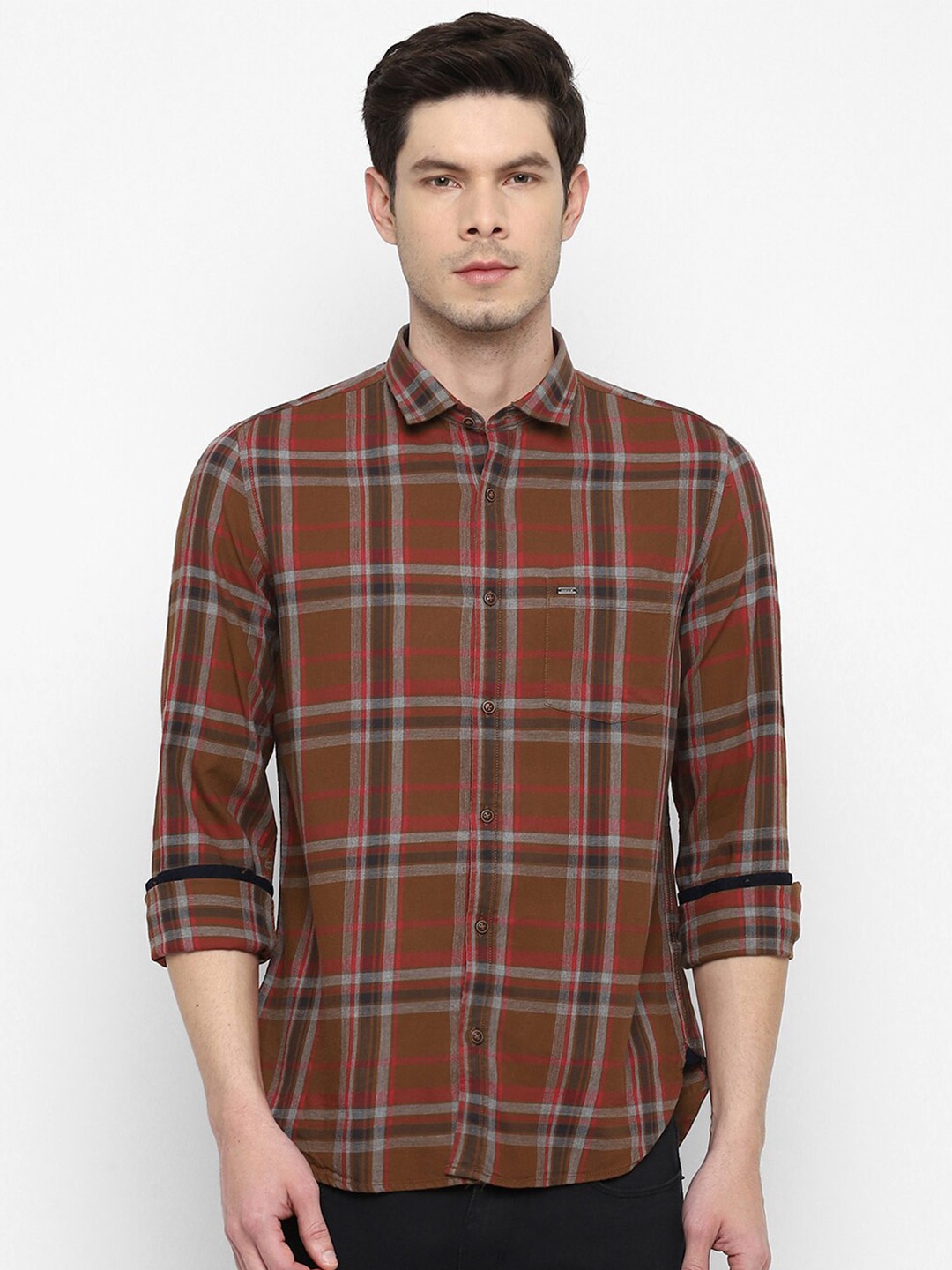 

Turtle Relaxed Slim Fit Tartan Checked Cotton Casual Shirt, Brown
