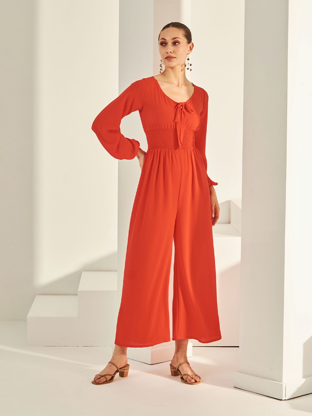

By The Bay Round Neck Smocked Basic Jumpsuit, Red