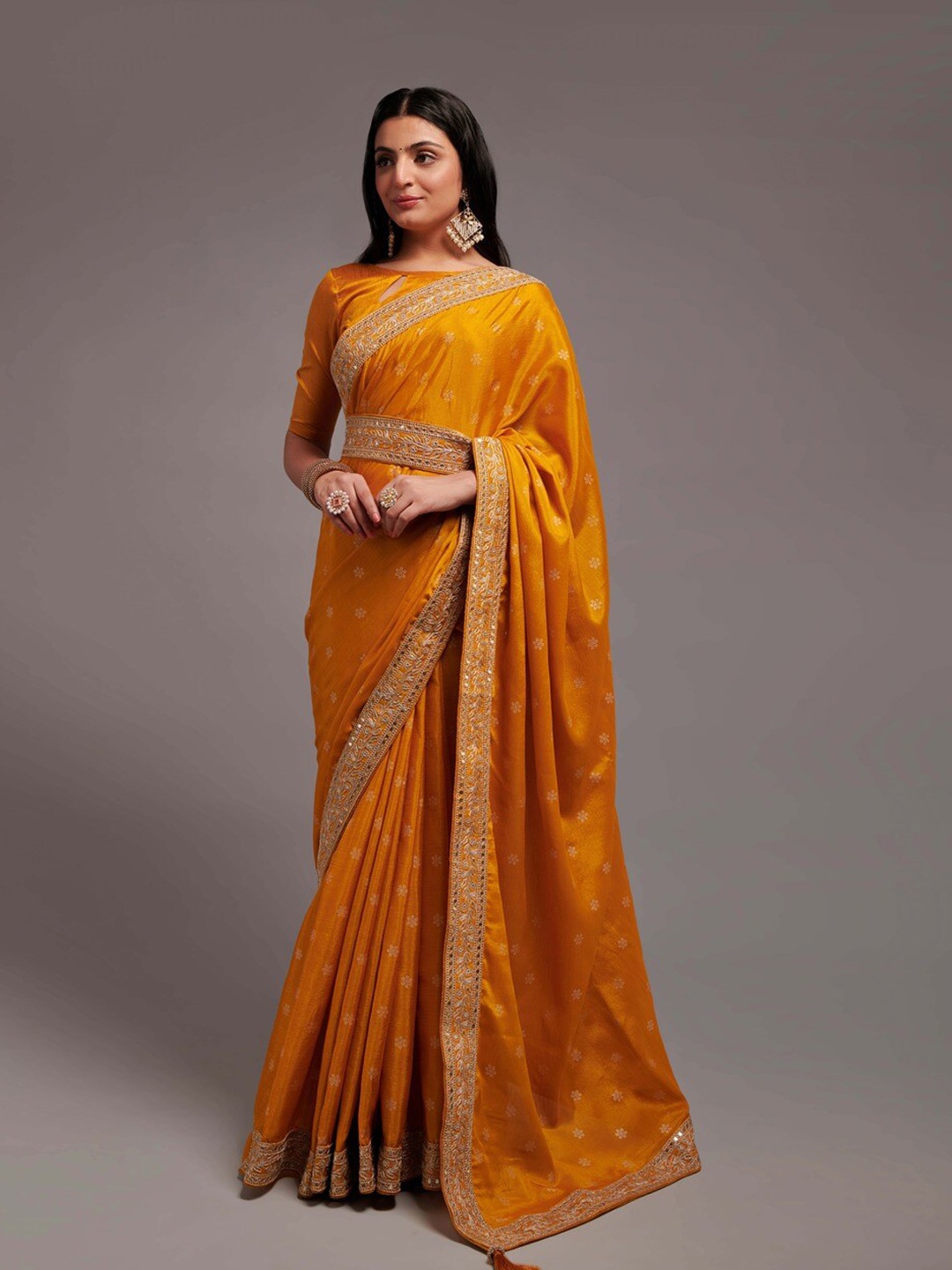 

TEEYA CREATION Ethnic Motifs Printed Sequinned Detailed Belted Saree, Mustard