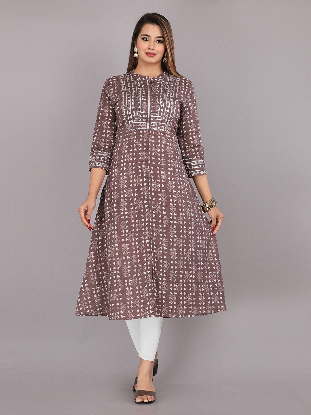 

KANNAHI Ethnic Motif Printed Pure Cotton A-Line Kurta, Brown