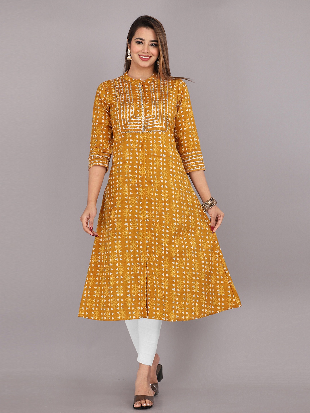 

KANNAHI Ethnic Motif Printed Pure Cotton A-Line Kurta, Mustard