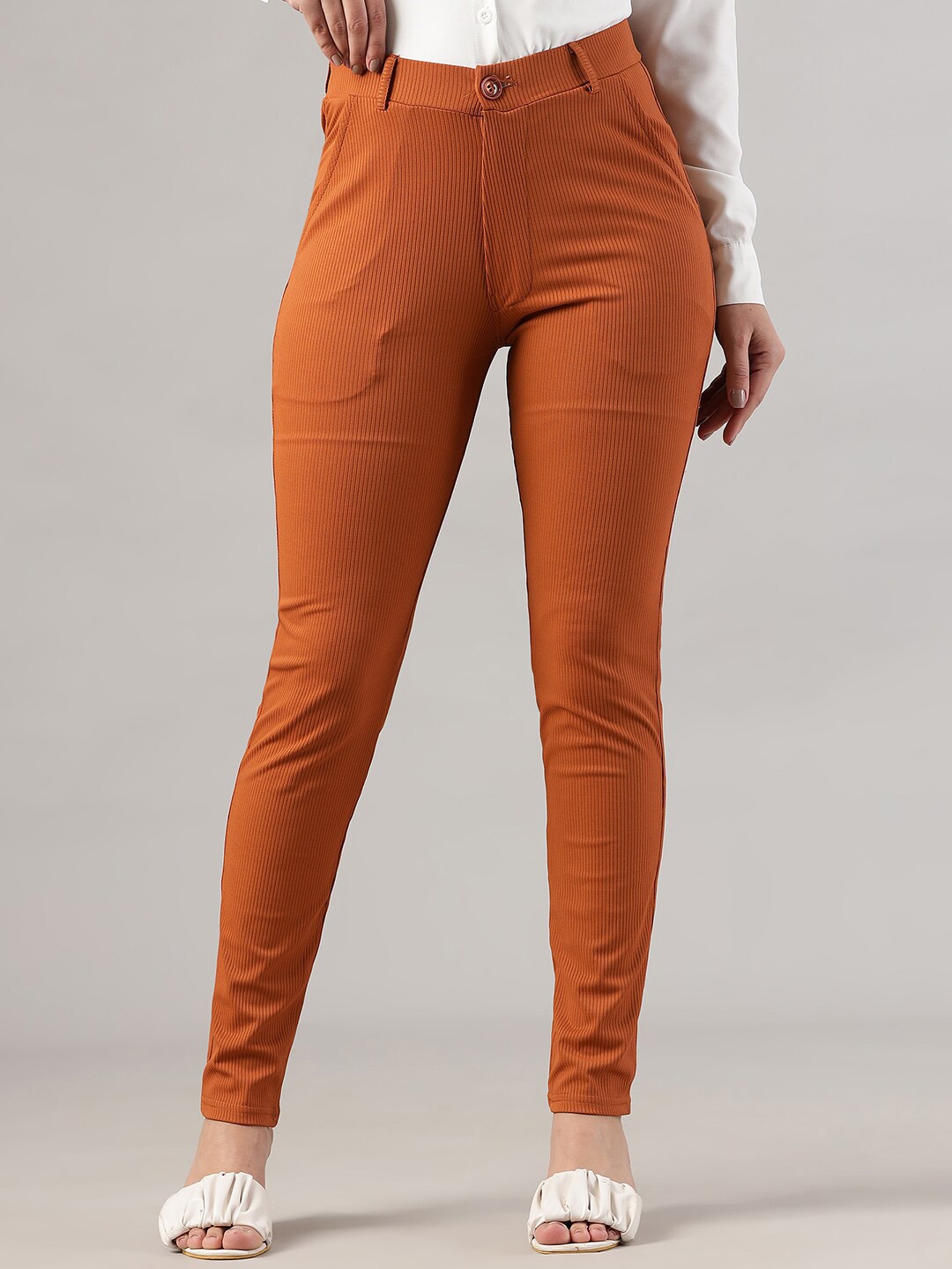 

FITHUB Women Skinny Fit High-Rise Plain Cotton Formal Trousers, Brown