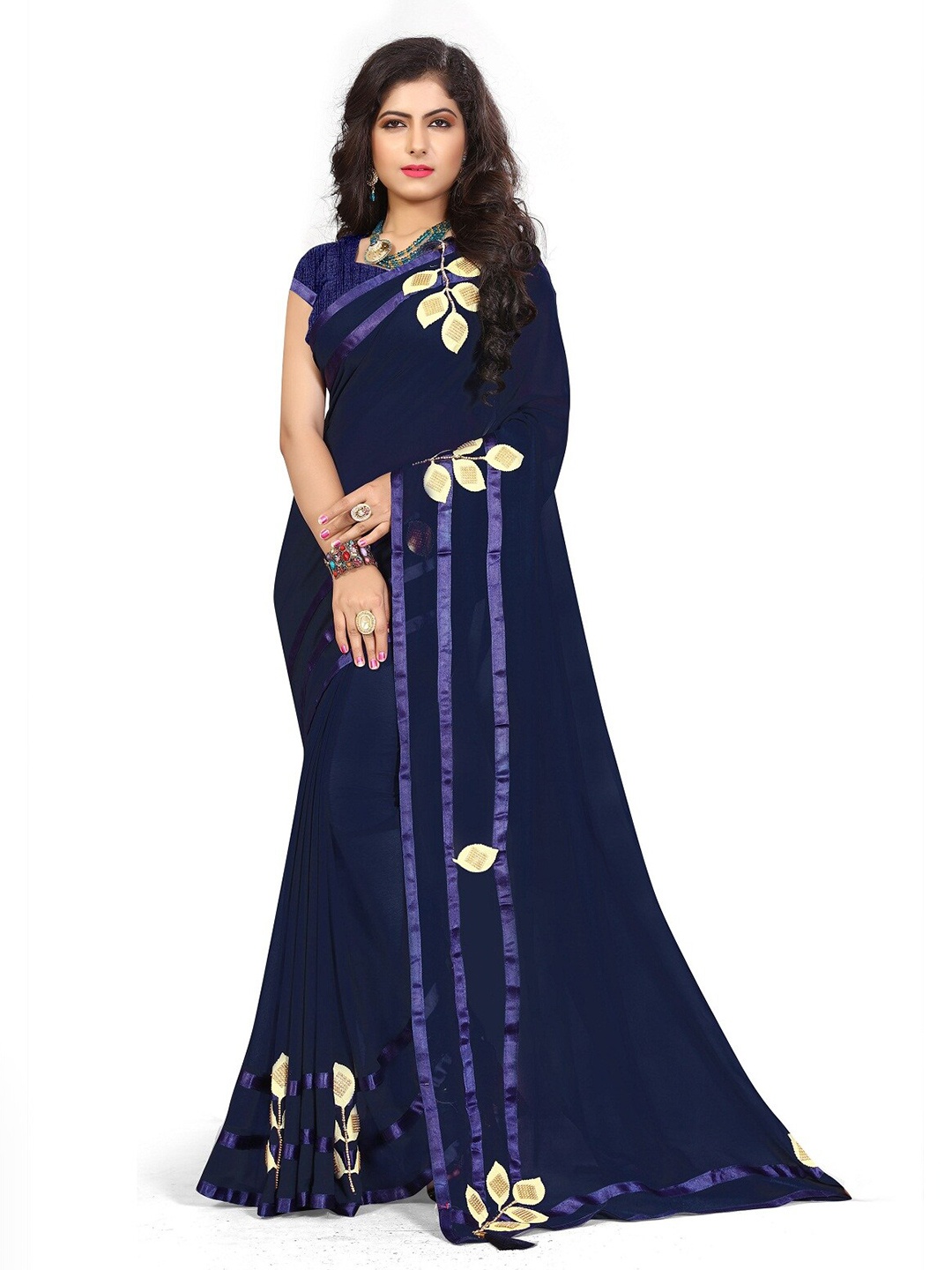 KALINI Floral Patchwork Georgette Saree, Navy blue