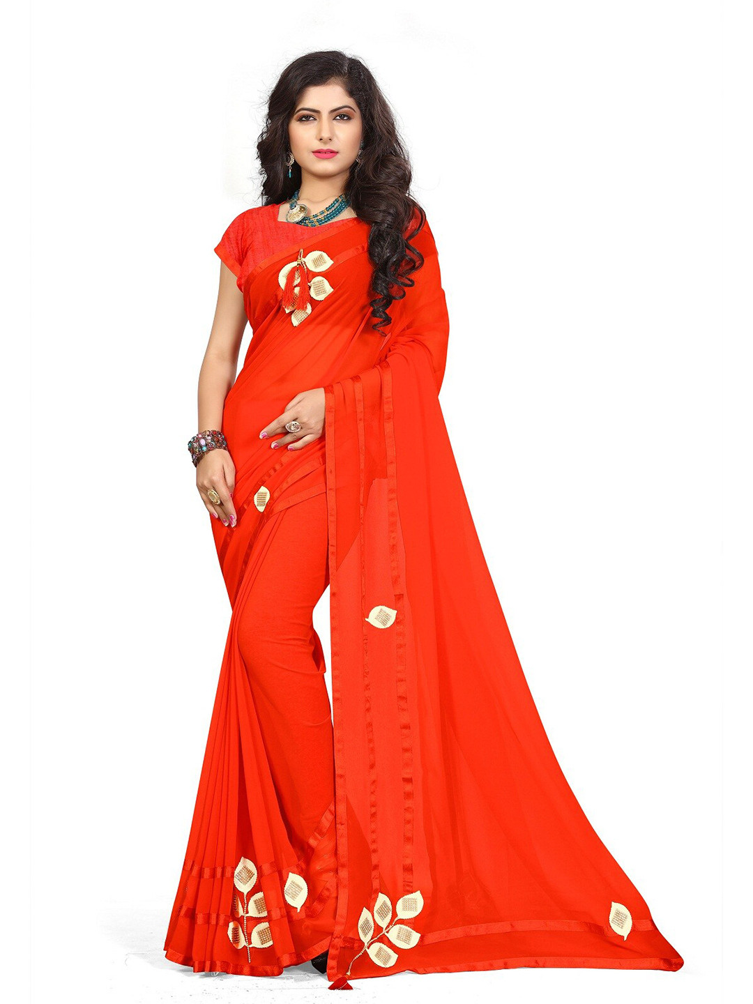 

KALINI Floral Patchwork Embellished Saree, Red