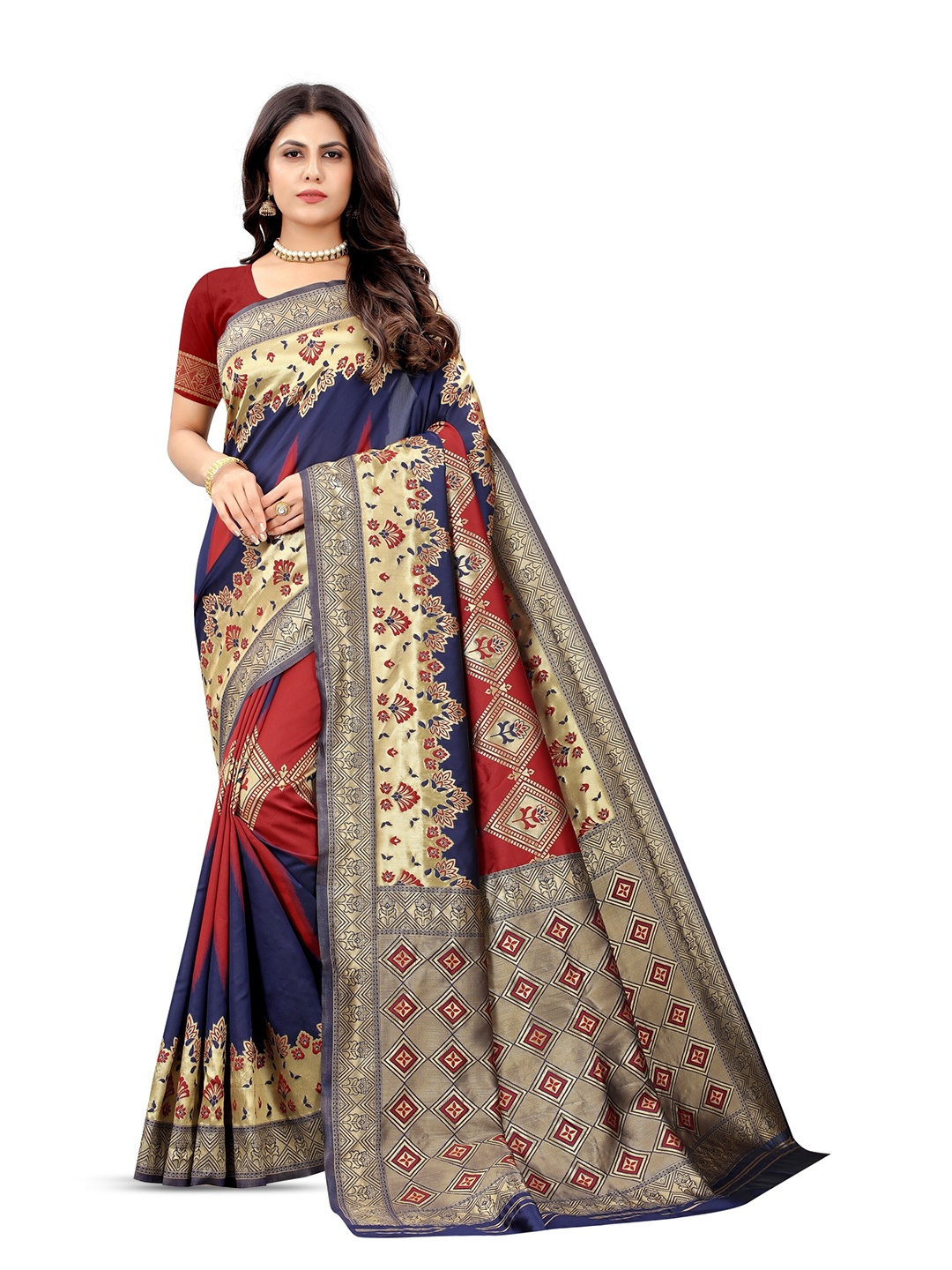 

NENCY FASHION Floral Zari Silk Blend Banarasi Saree, Navy blue