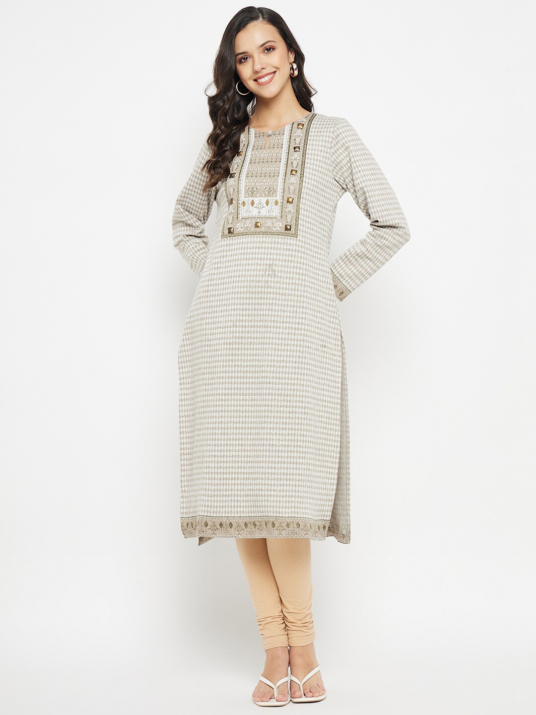 

HANG N HOLD Checked Keyhole Neck Thread Work Woollen Straight Kurta, Beige