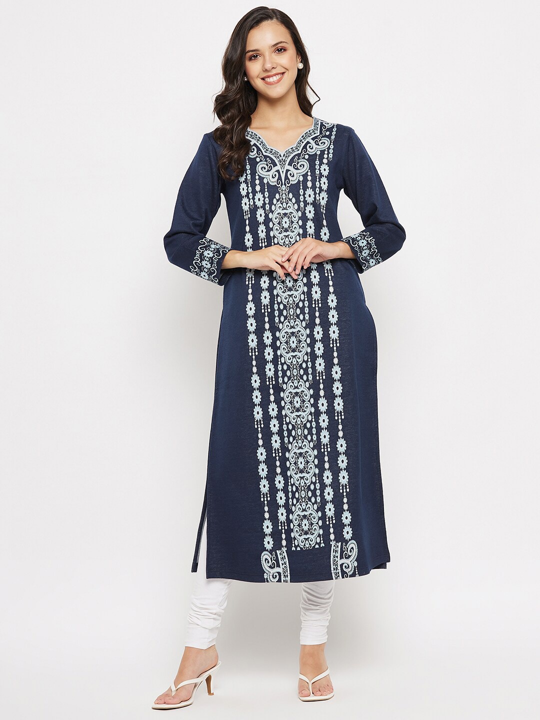 

HANG N HOLD Ethnic Motifs Woollen Straight Kurta, Navy blue