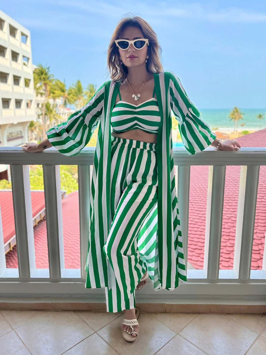 

By The Bay Striped Crop Top with Trousers & Shrug, Green
